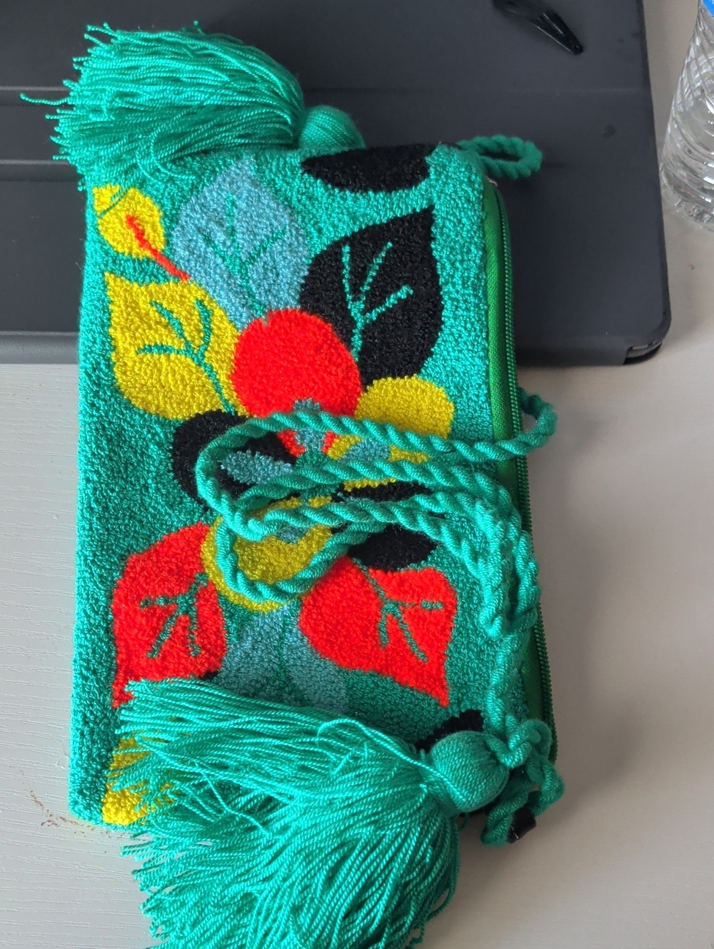 Turquoise Floral Embroidered Tassel Phone Pouch